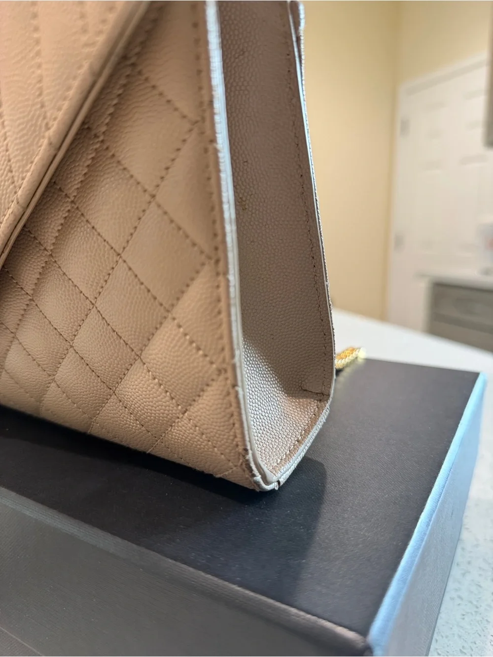 Saint Laurent Quilted Envelope Shoulder Bag in Beige with Gold Hardware